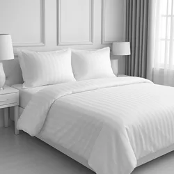 סט מצעים מלא -סאטן כותנה דגם בית מלון פסים לבן